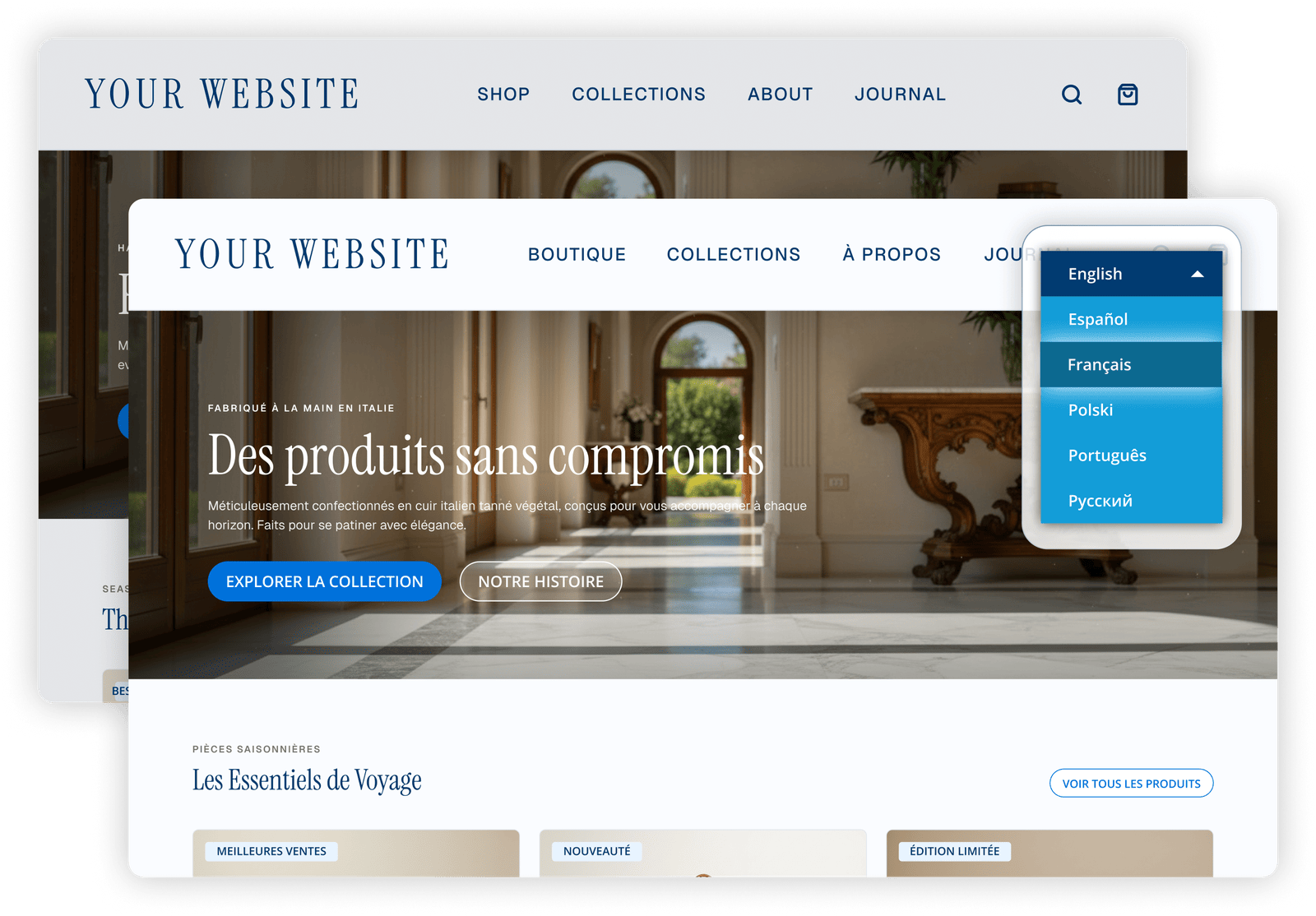 Layered vignette: a storefront homepage in English behind the same page translated into French, with the Bablic language switcher open showing English, Espanol, Francais, Polski, Portugues and Russian.