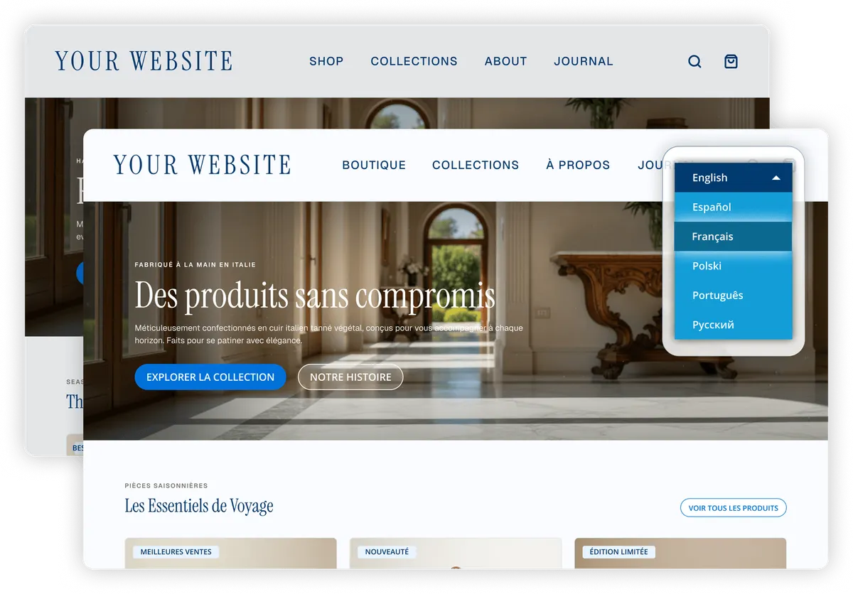 Layered vignette: a storefront homepage in English behind the same page translated into French, with the Bablic language switcher open showing English, Espanol, Francais, Polski, Portugues and Russian.