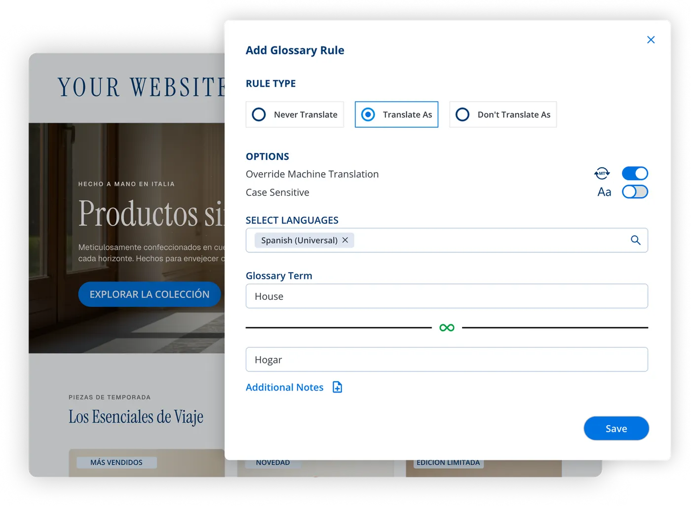 Bablic glossary rule editor: a Translate As rule mapping House to Hogar for Spanish (Universal), with Override Machine Translation on, shown over a translated storefront page