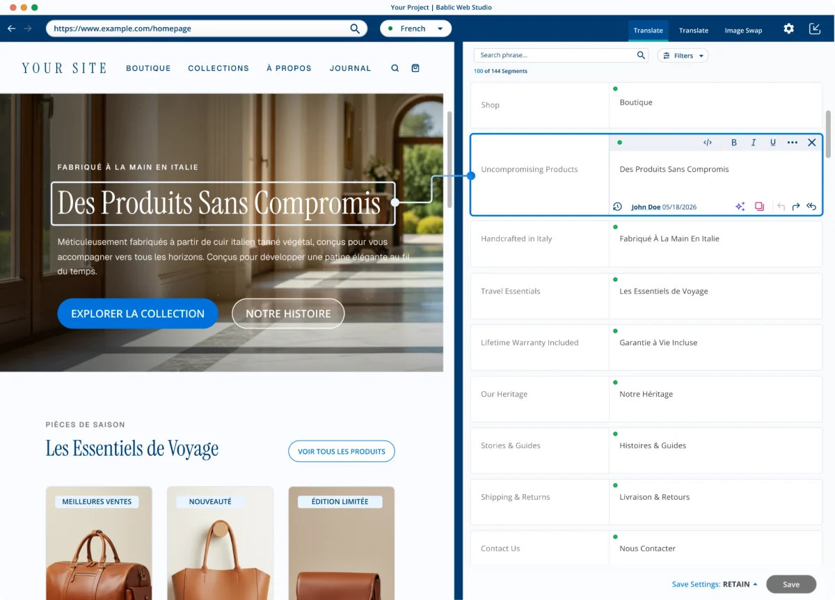 The Bablic Web Studio editing a storefront homepage: a live French preview fills the left pane, where the hero headline Des Produits Sans Compromis is selected and a connector line links it to its row in the segment list on the right, showing the English source Uncompromising Products beside its French translation in an open inline editor.
