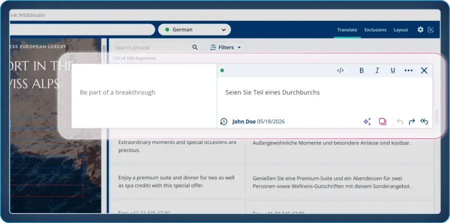 Bablic Studio in-context editor: the live site rendered beside a filterable segment panel with inline AI editing tools