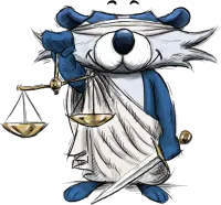 The Bablic badger mascot dressed as Lady Justice, blindfolded and holding a set of scales and a sword.