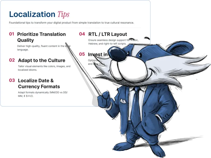 Bablic badger mascot presenting a card of localization tips: prioritize translation quality, adapt to the culture, localize date and currency formats, support RTL and LTR layout, and invest in multilingual SEO.