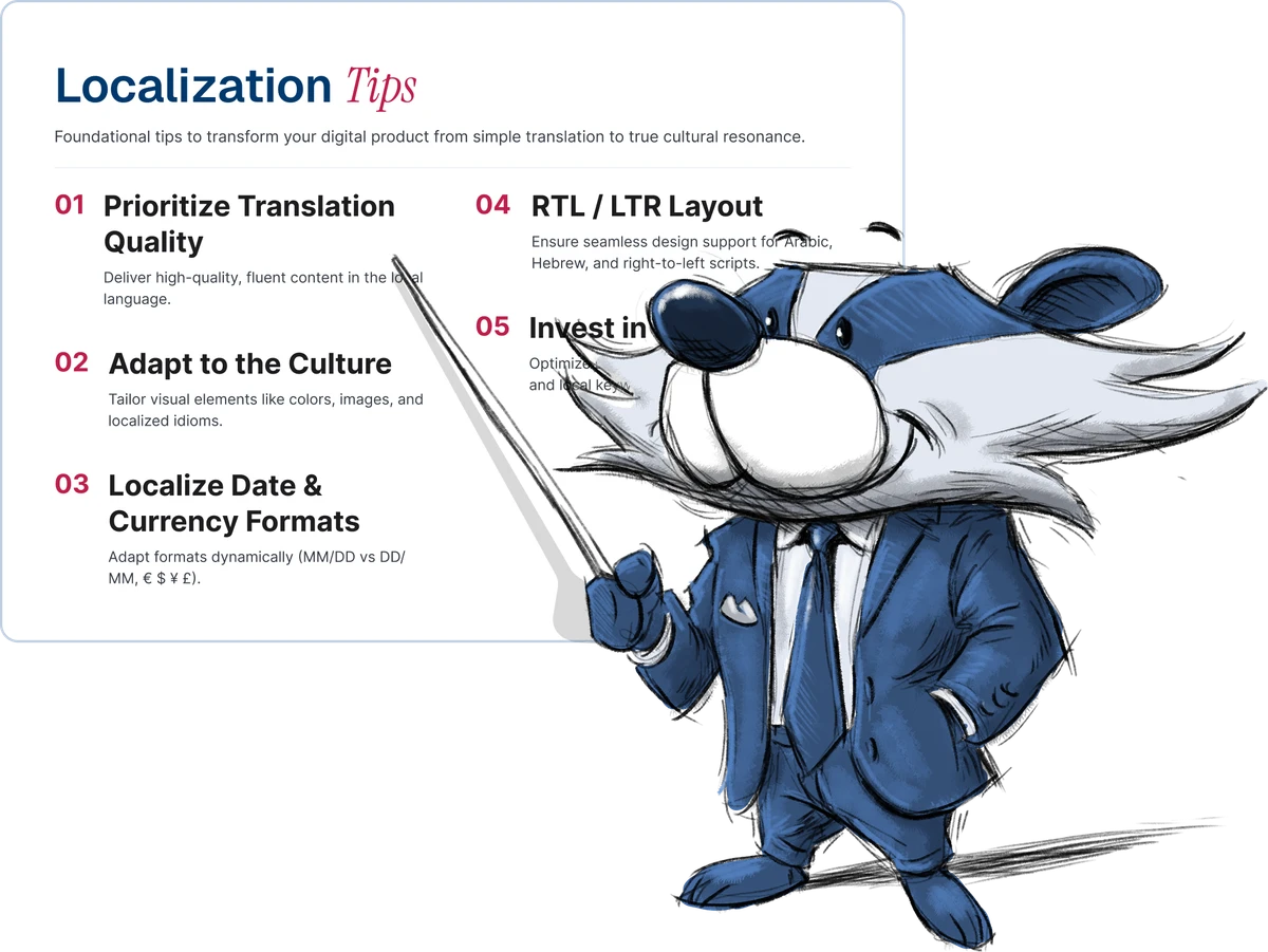 Bablic badger mascot presenting a card of localization tips: prioritize translation quality, adapt to the culture, localize date and currency formats, support RTL and LTR layout, and invest in multilingual SEO.