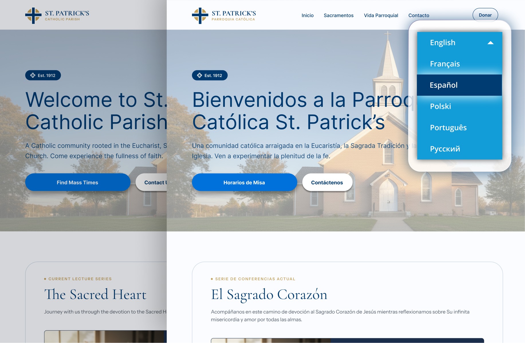 St. Patrick's Catholic Parish website on eCatholic, shown side by side in English and Spanish with Bablic's language switcher open