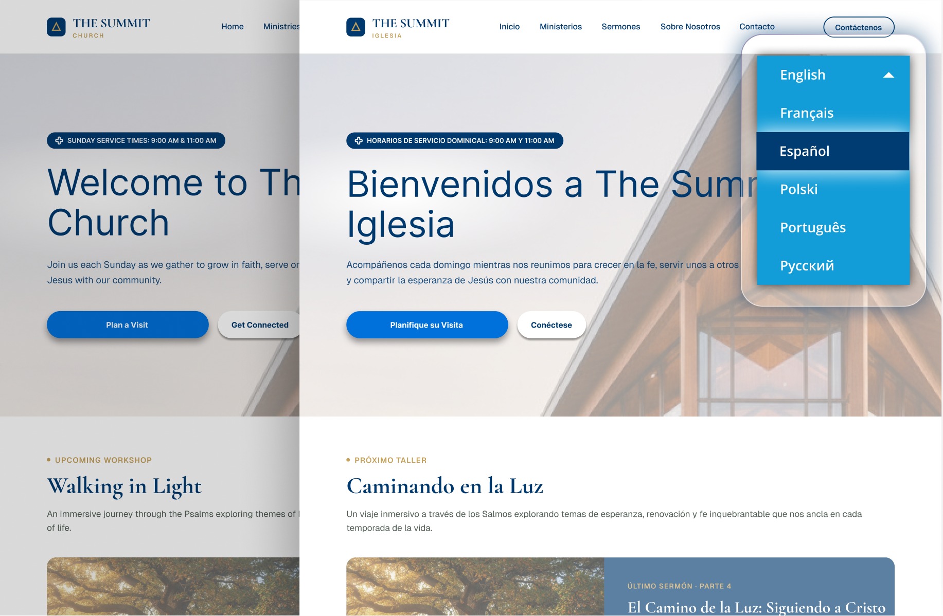 Summit Church website built on Nucleus, shown side by side in English and Spanish with Bablic's language switcher open