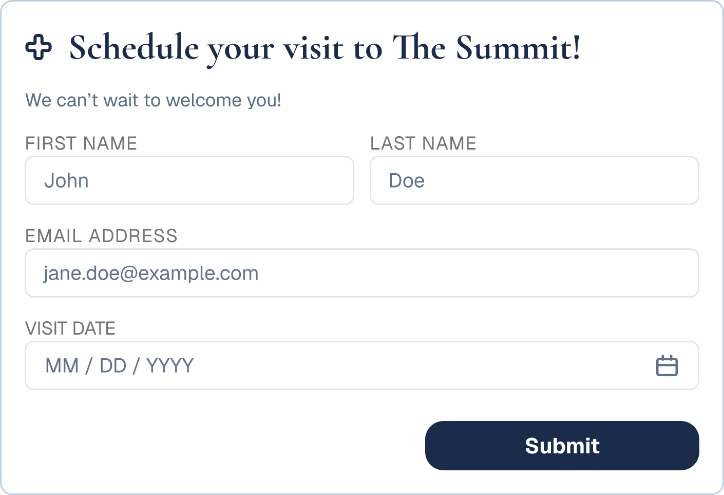 The Summit's Plan a Visit form in English