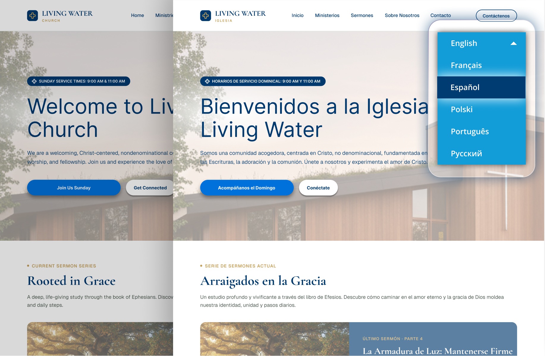 Living Water Church website built on Subsplash, shown side by side in English and Spanish with Bablic's language switcher open