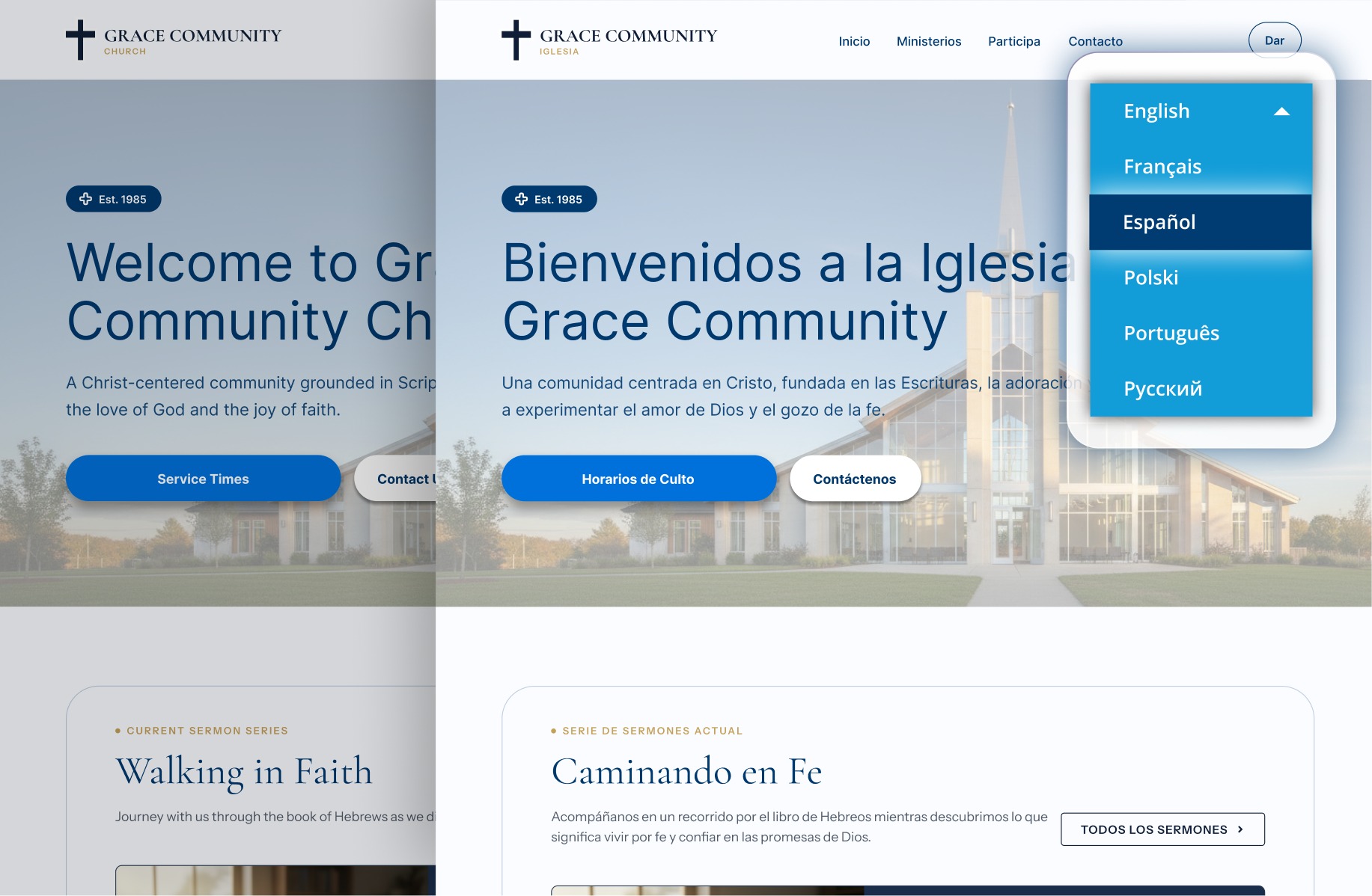 Grace Community Church website built on Tithely, shown side by side in English and Spanish with Bablic's language switcher open