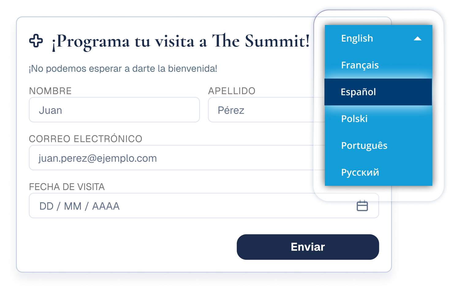 A church site with the Bablic language switcher open, showing the Plan a Visit form in Spanish
