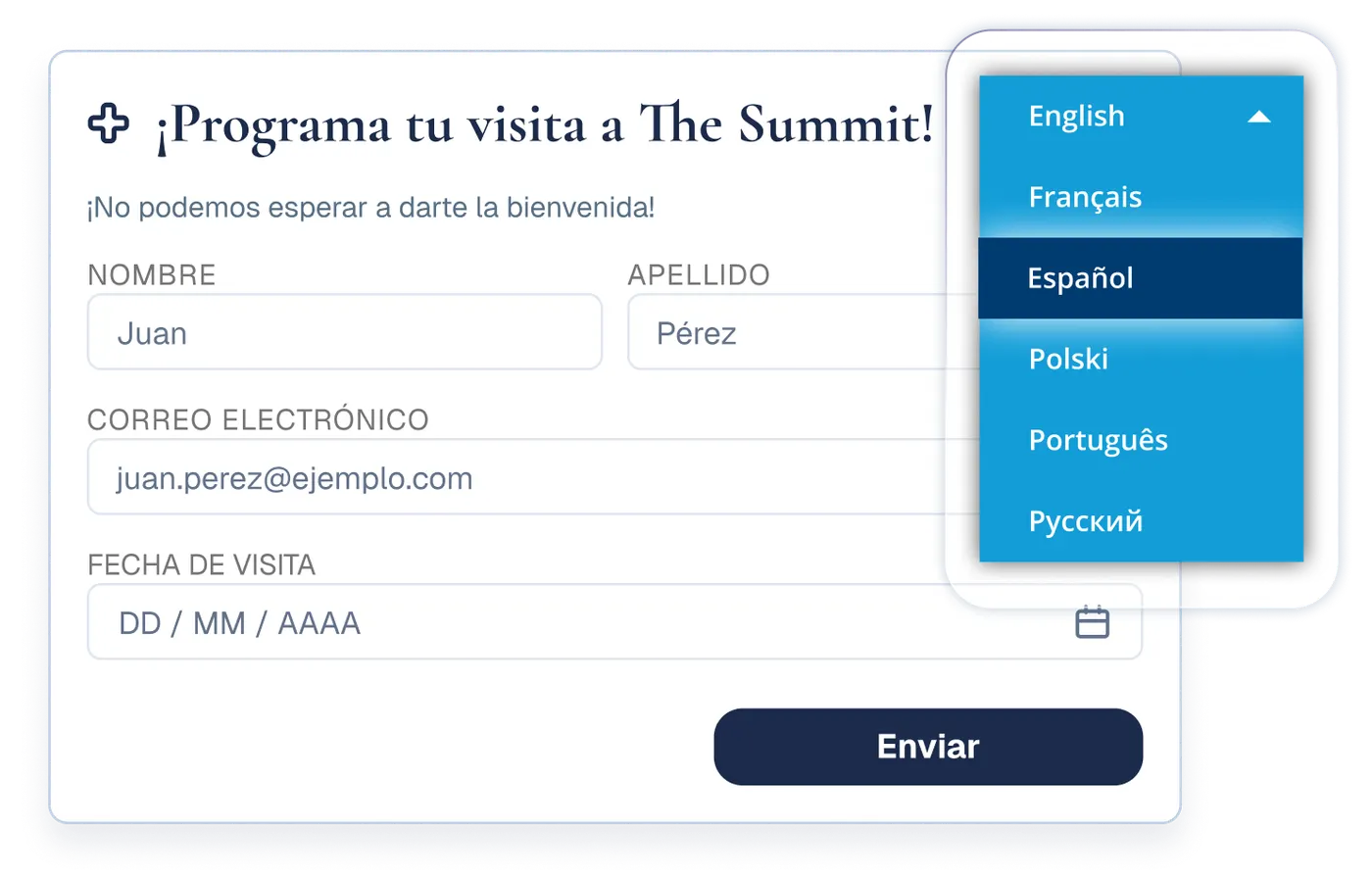 A church site with the Bablic language switcher open, showing the Plan a Visit form in Spanish