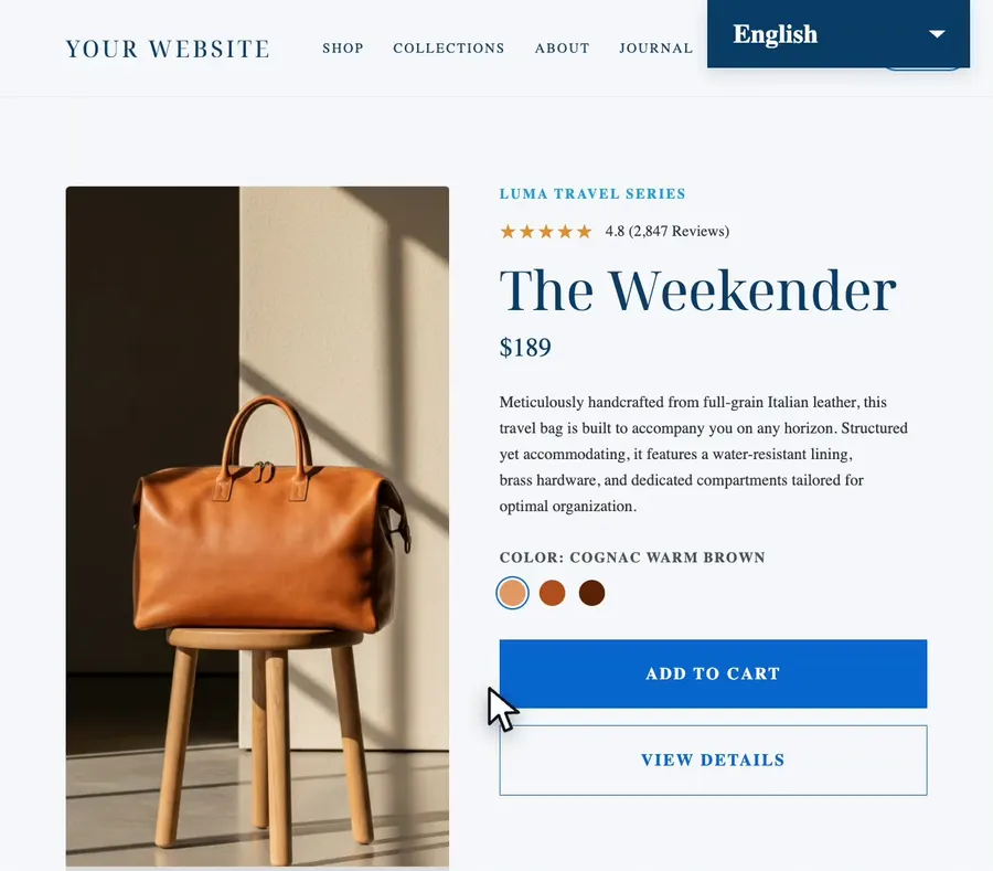 A storefront product page translating itself between English, French, Spanish, Polish, Portuguese, and Russian as a visitor switches the language selector.