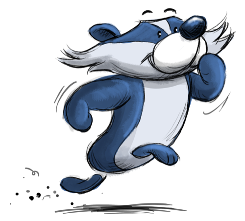 Bablic badger mascot running enthusiastically.