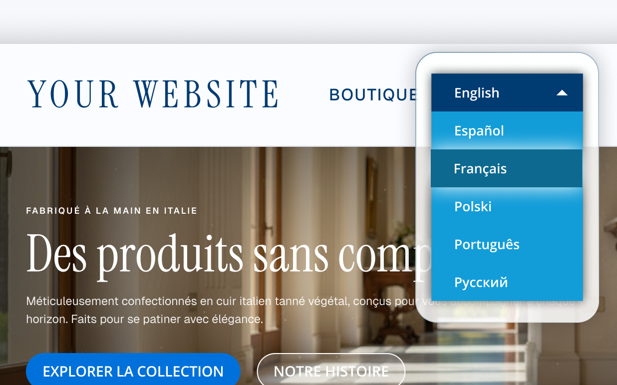 Bablic Web Studio, reviewing French translations segment by segment beside the live page.
