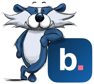  Bablic ロゴにもたれかかる Bablic アナグマのマスコット。