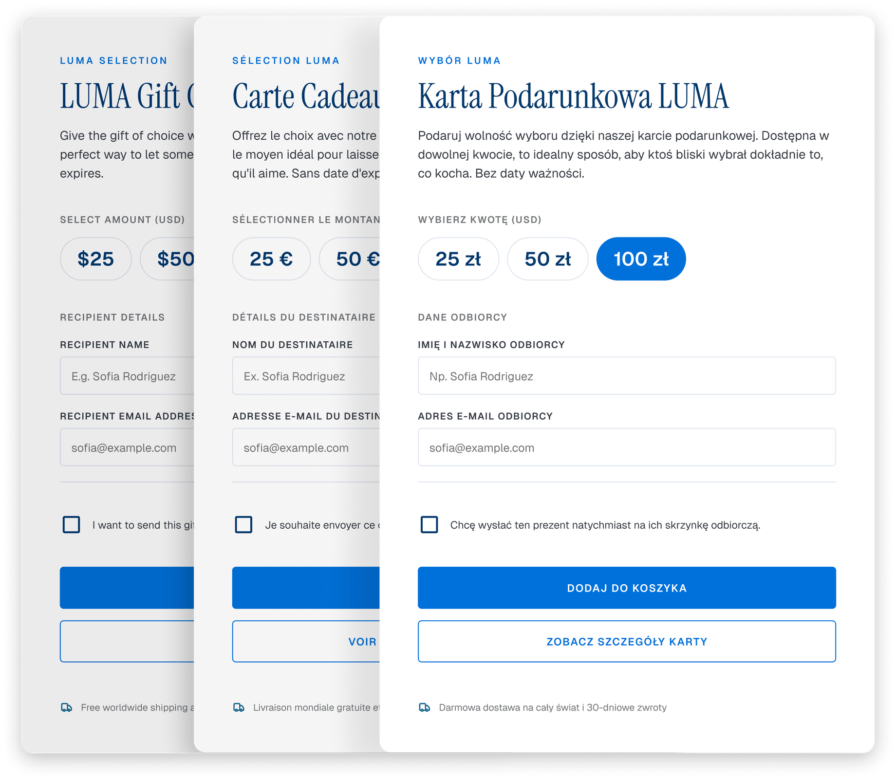 The same gift card page shown in English, French and Polish