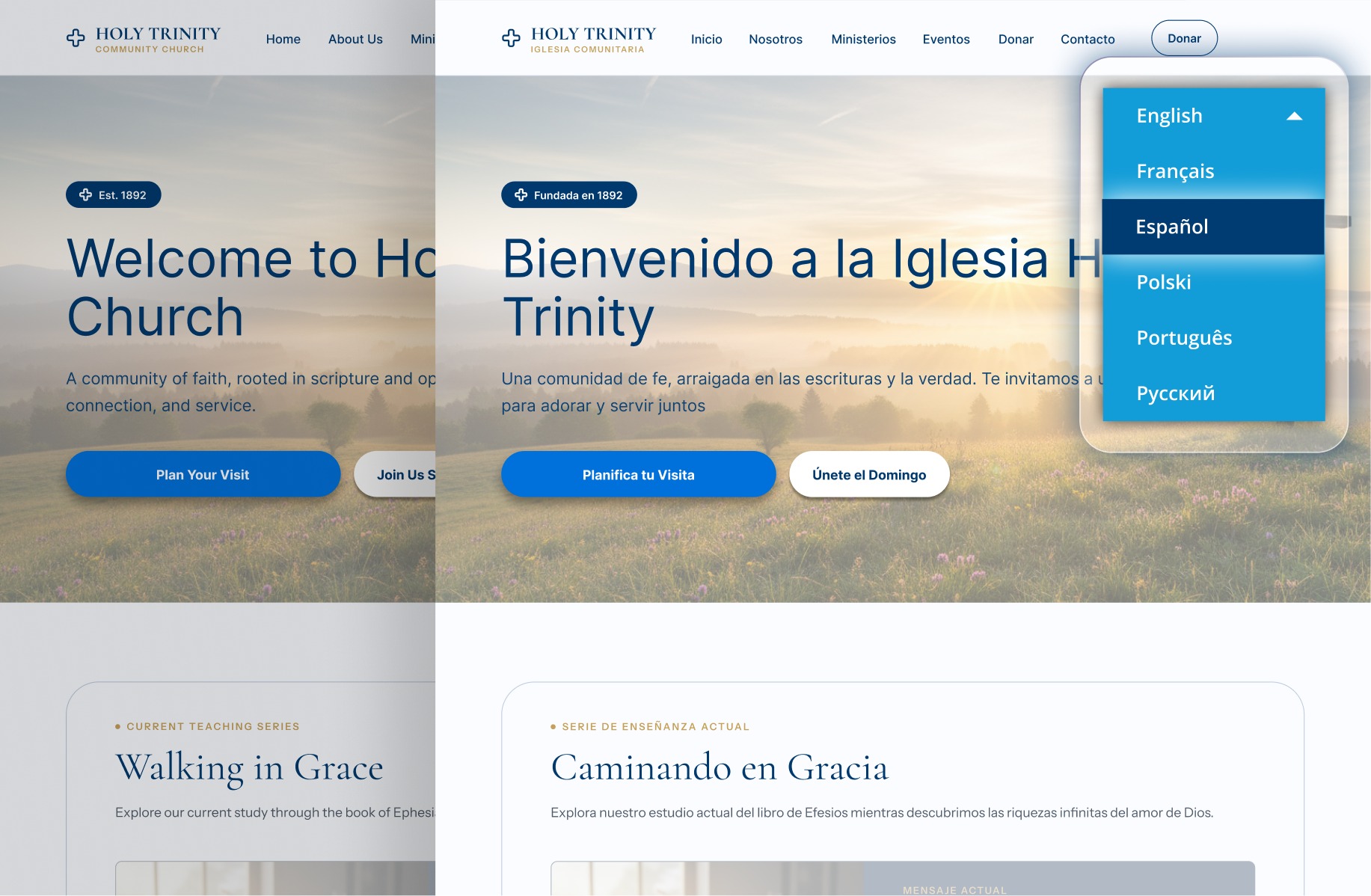 Holy Trinity Community Church homepage shown side by side in English and Spanish with Bablic's language switcher open