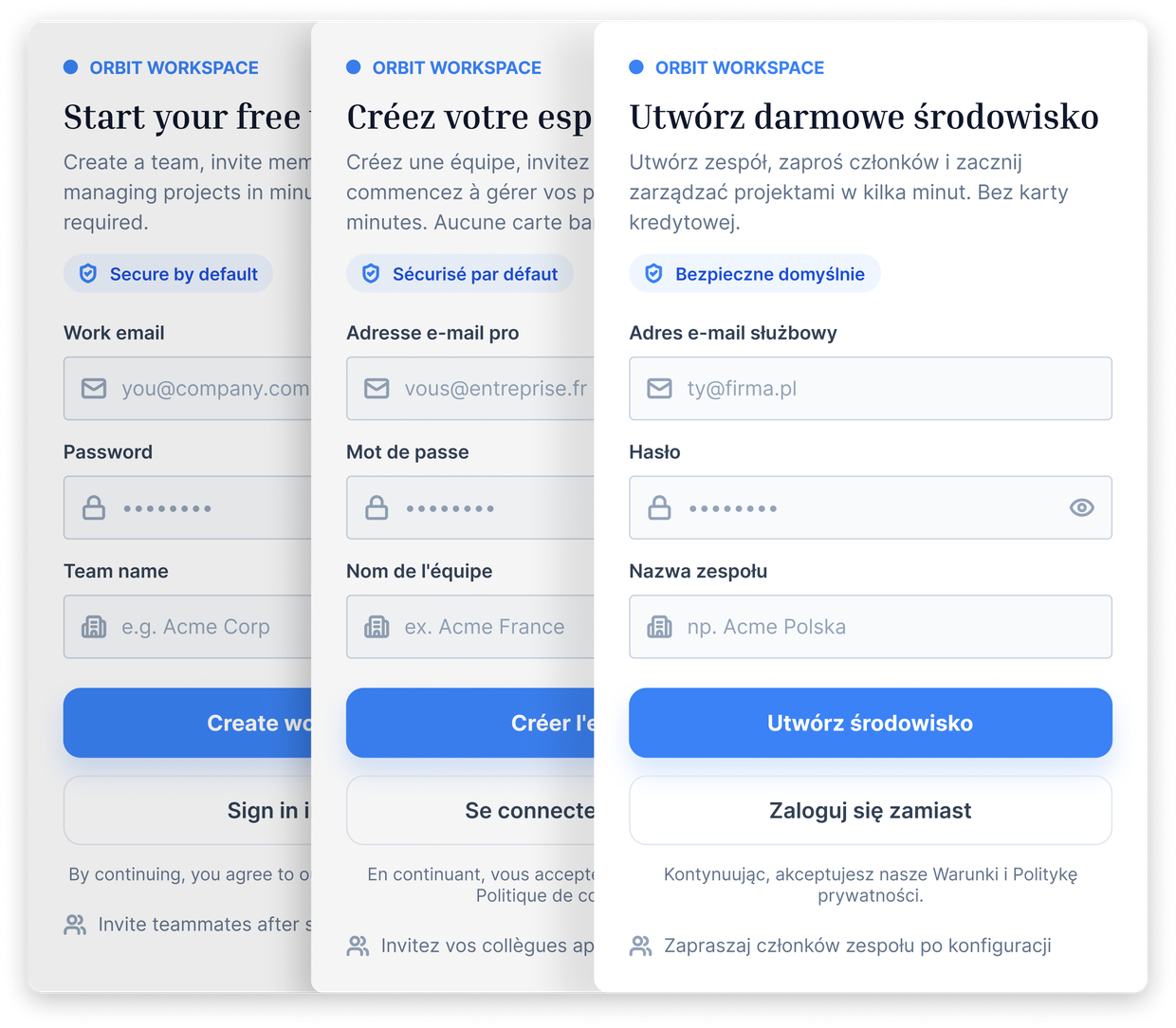 The same Orbit Workspace sign-up form shown three times, rendered in English, French and Polish.