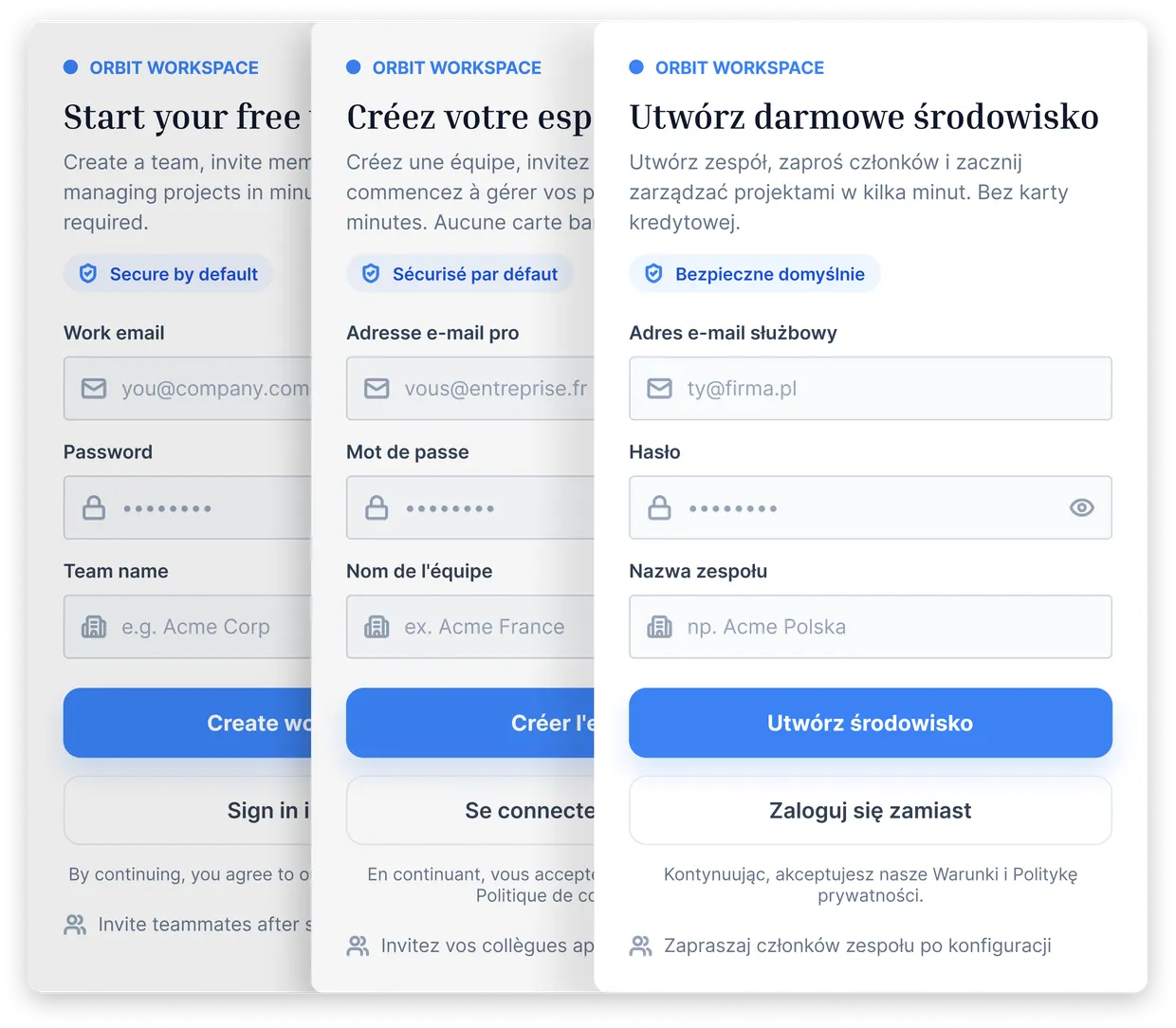The same Orbit Workspace sign-up form shown three times, rendered in English, French and Polish.