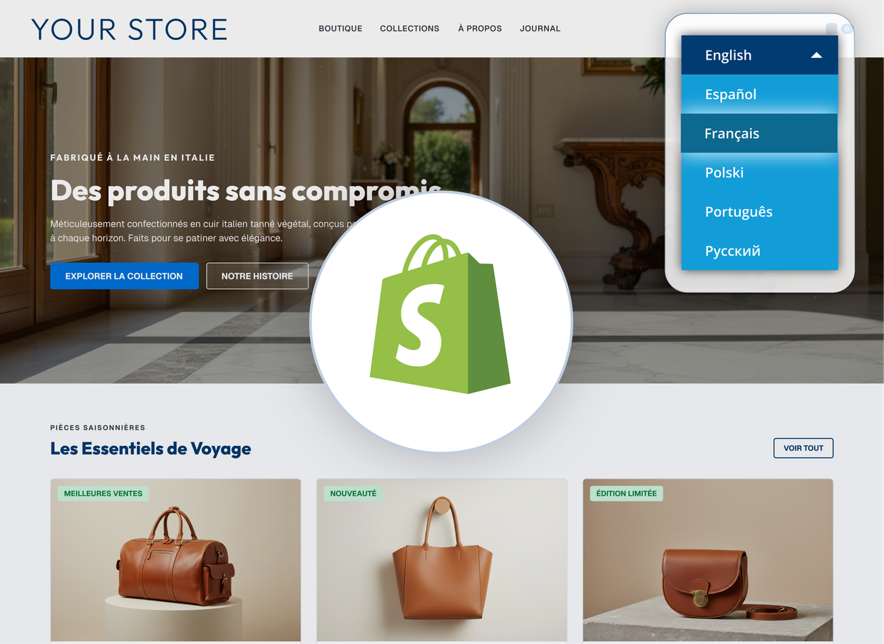 A Shopify storefront translated into French with the Bablic language picker open, listing English, Espanol, Francais, Polski, Portugues and Russian.