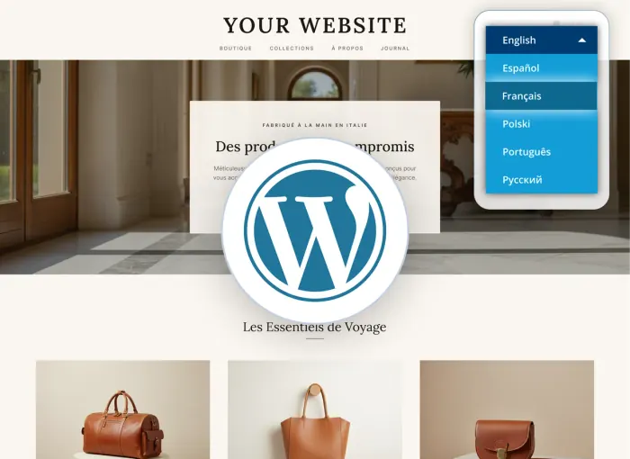 A WordPress storefront translated into French with the Bablic language picker open, listing English, Espanol, Francais, Polski, Portugues and Russian.