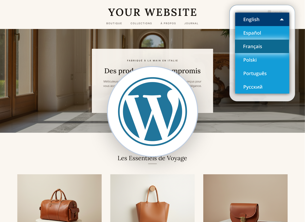 A WordPress storefront translated into French with the Bablic language picker open, listing English, Espanol, Francais, Polski, Portugues and Russian.