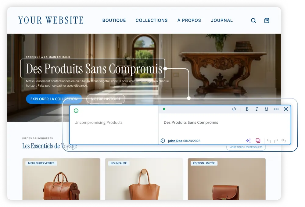 The Bablic in-context editor open on a live storefront, showing the English source headline beside its French translation.