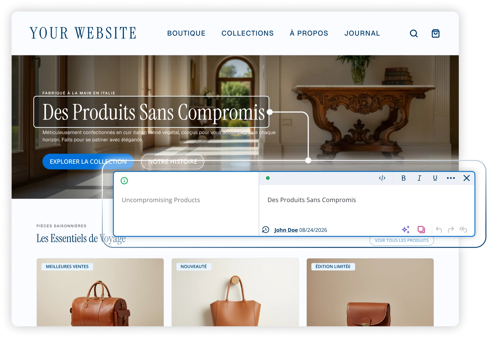 The Bablic in-context editor open on a live storefront, showing the English source headline beside its French translation.
