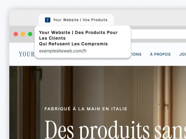 A browser tab and search result showing a page title and meta description rendered in French.