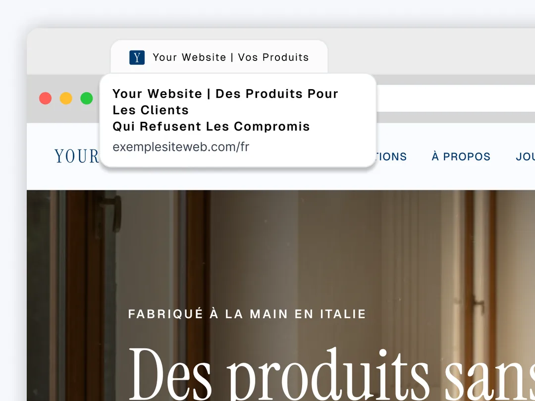 A browser tab and search result showing a page title and meta description rendered in French.
